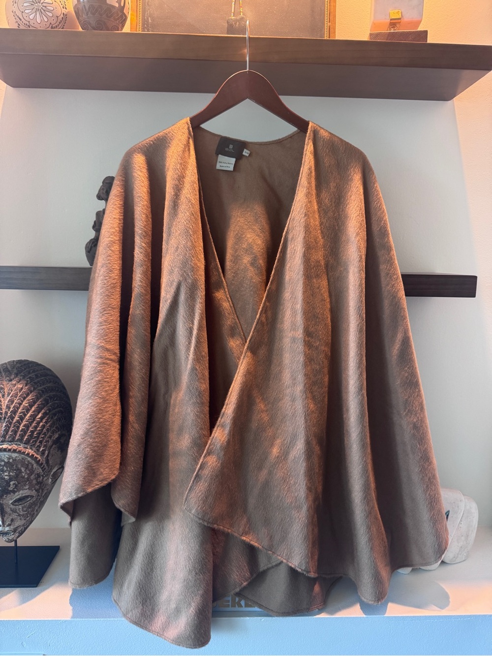 100% Alpaca from Peru, Medium Women's Taupe Open-Front Draped Cape